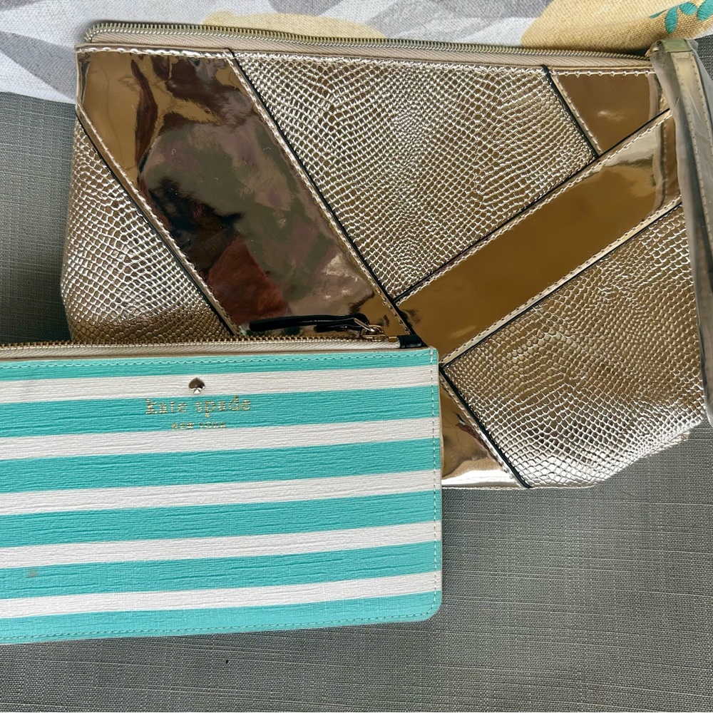Kate Spade Tiffany Blue Striped Wristlet and Metallic Gold Estée Lauder Pouch